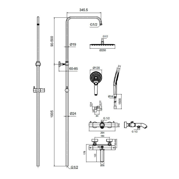 душевая система aquame siena aqm8008bc с термостатом цвет медь шлифованная