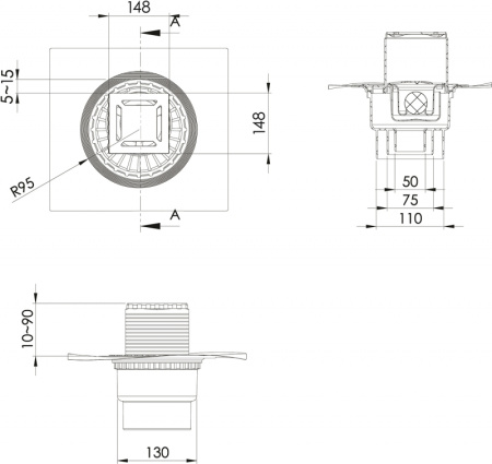 душевой трап berges zentrum norma 150x150 091463 с решеткой хром