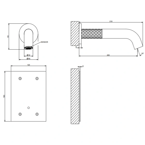 смеситель gessi 316 54115#239 для раковины, настенный, электронный, внешняя часть, цвет steel brushed