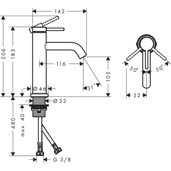 смеситель для раковины без донного клапана hansgrohe tecturis s 73311140