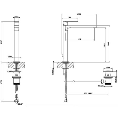 смеситель gessi via manzoni 38603#299 для раковины, высокий, с изливом 212 мм, с донным клапаном, цвет черный xl