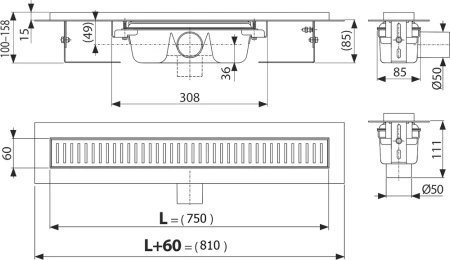 душевой лоток alcaplast apz1s-750 с опорами