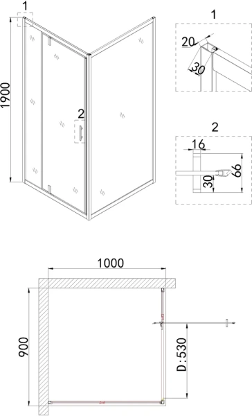 душевой уголок niagara nova ng-63-9a-a100 90x100, прямоугольный цвет хром