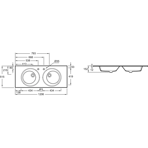 раковина 120,6x51,5 см jacob delafon odeon rive gauche eb2565-de3 двойная, цвет бронза