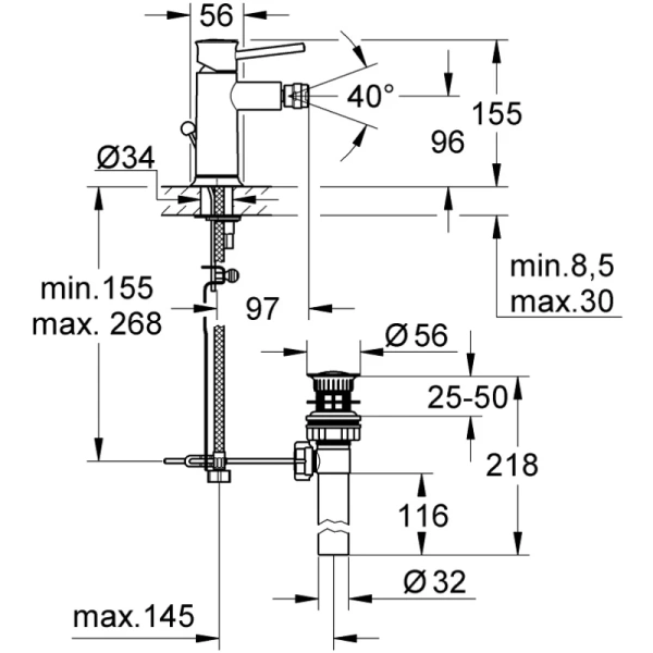 смеситель для биде с донным клапаном grohe bauclassic 32864000