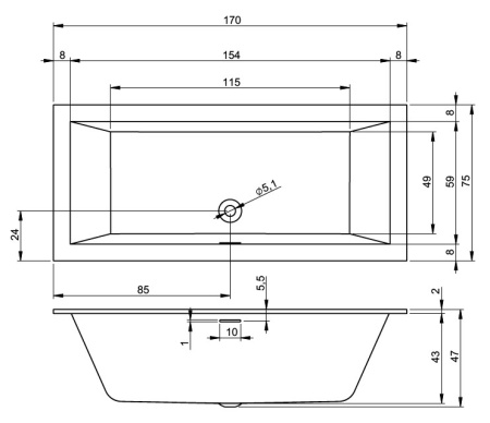 акриловая ванна riho rething cubic b105011005 r, 170x75