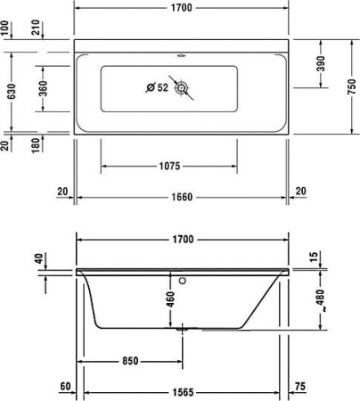 акриловая ванна duravit p3 comforts 170x75 (700376)