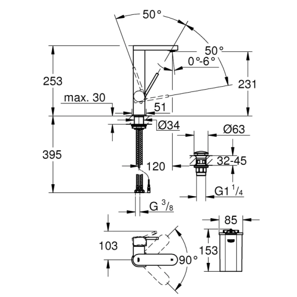 смеситель для раковины с донным клапаном grohe plus 23959003