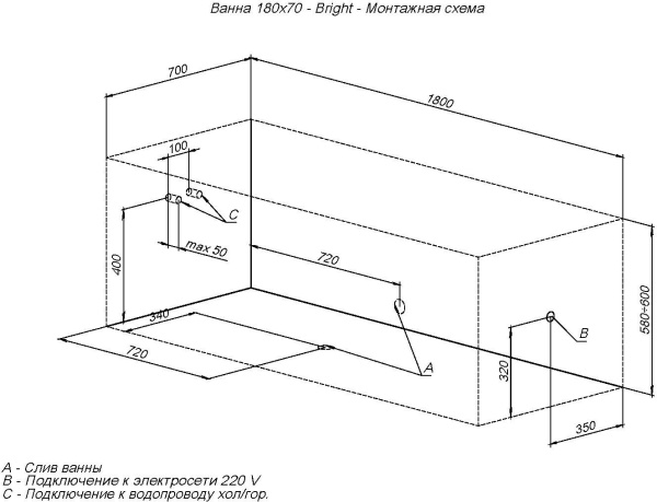 акриловая ванна aquanet bright 180x70 см 00216662, с каркасом, цвет белый