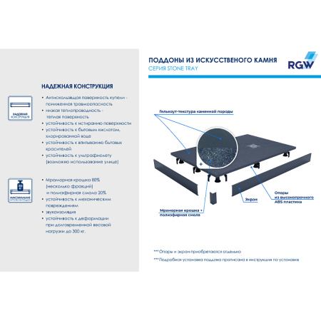 душевой поддон из искусственного камня rgw st-167g 16152716-02 70 x 160 см, прямоугольный, цвет серый