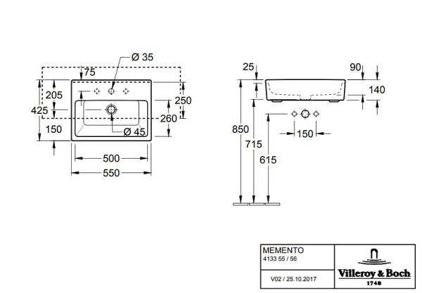 раковина накладная 55 см villeroy & boch memento 41335501