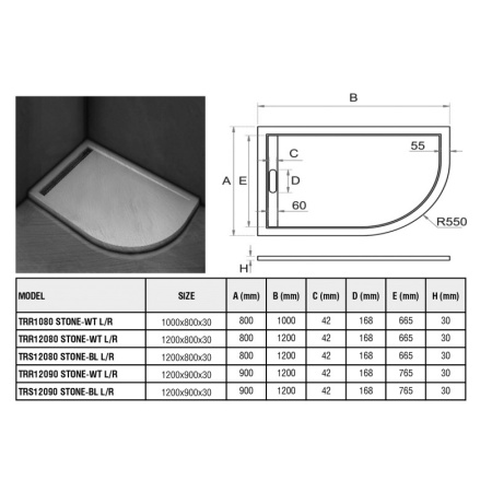 душевой поддон из искусственного камня weltwasser ww trr 12090 stone-bl l 120x90 10000004389 черный