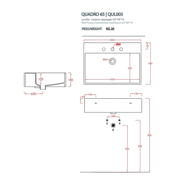 раковина накладная 65 см artceram quadro qul003 01 00, белая.