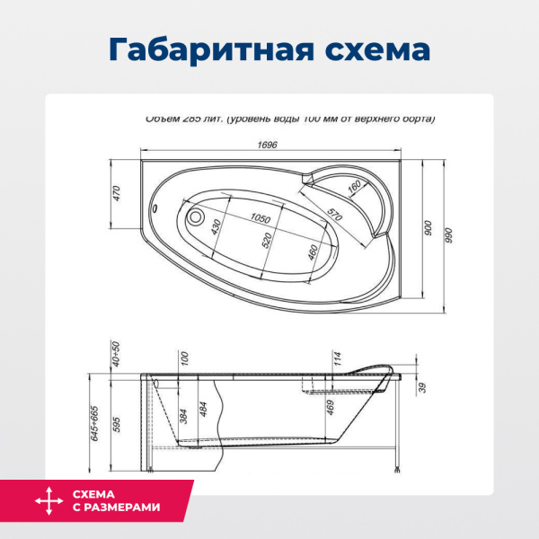 акриловая ванна aquanet jersey 170x90 r 205329 с каркасом, цвет белый.