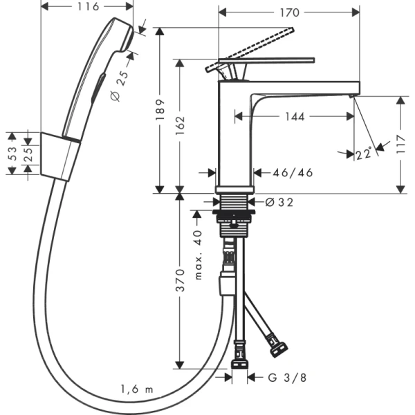 смеситель для раковины hansgrohe tecturis e 73210000 с гигиеническим душем, донным клапаном, хром