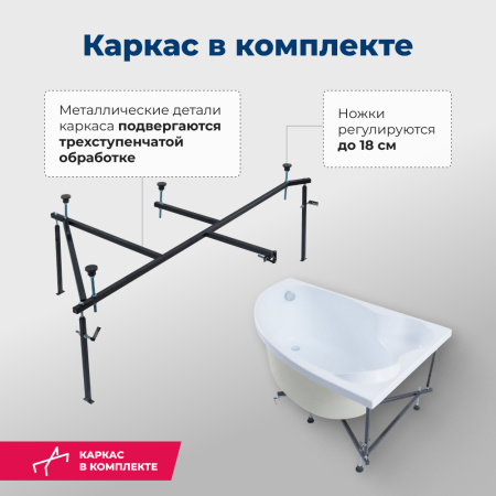 акриловая ванна aquanet mayorca 150x100 r 00205438 с каркасом, цвет белый