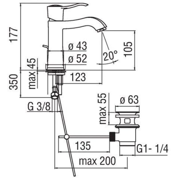 смеситель для раковины с донным клапаном nobili sofi sib98118/2cr