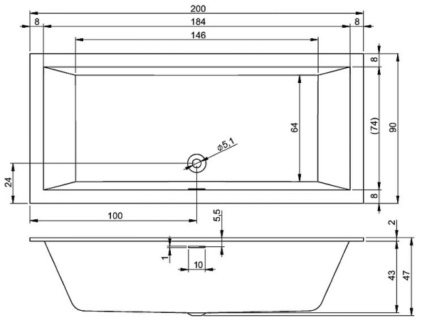 акриловая ванна riho rething cubic 200х90 b110001005 (br1200500000000) без гидромассажа