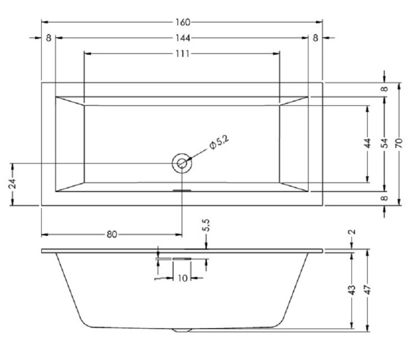 акриловая ванна riho rething cubic 160x70 см, заполнение через перелив, белая, br06c0500000000