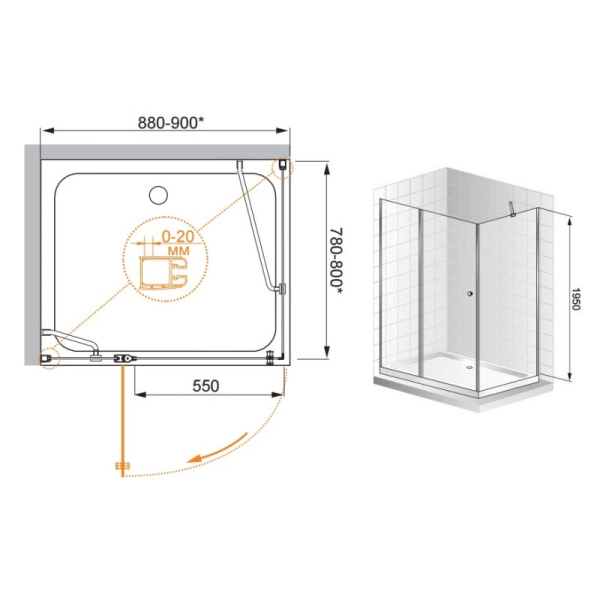 душевой уголок cezares elena 90x80 прозрачное стекло elena-w-ah-1-90/80-c-cr