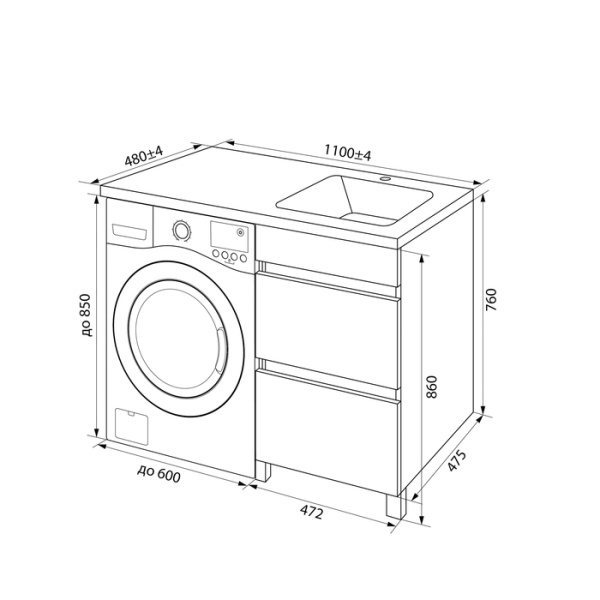 тумба с умывальником iddis optima home oph11rbi95k напольная для стиральной машины с ящиками, 110 см, правая, белая.