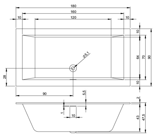 акриловая ванна riho rething cubic 180x90 r b107022005, заполнение через перелив