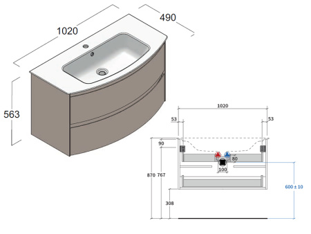 тумба под раковину berloni bagno way round warbs2ckd4c 1430 100x48 см, с 2-мя ящиками (war0003), цвет rovere cotto