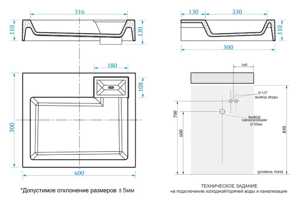 раковина на стиральную машину azario etna cs00078303 60х50 см, цвет белый