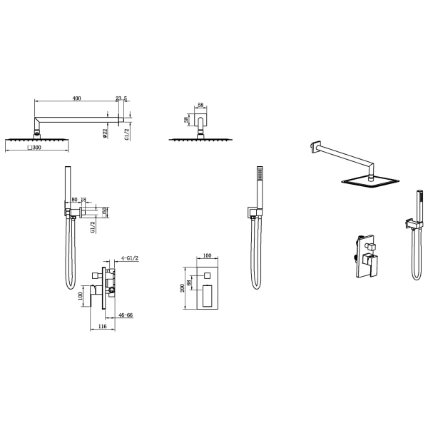 душевой комплект boheme qubic 474-3-nb 300 мм, со смесителем, никель матовый