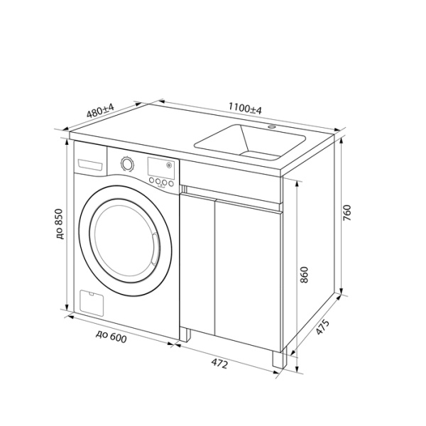 тумба с умывальником iddis optima home oph11rdi95k, напольная для стиральной машины с дверцами, 110 см, правая, белая