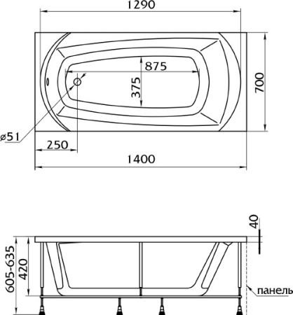 акриловая ванна 1marka elegance 140x70, 01эл1470 / у25929 без гидромассажа