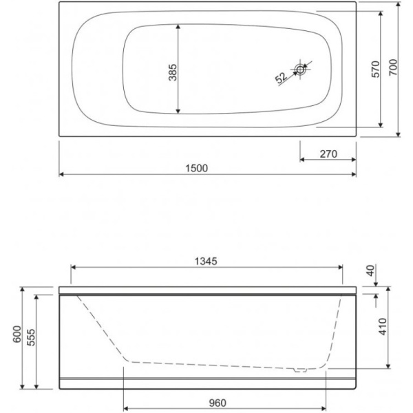 акриловая ванна 150x70 cezares eco eco-150-70-41-w37