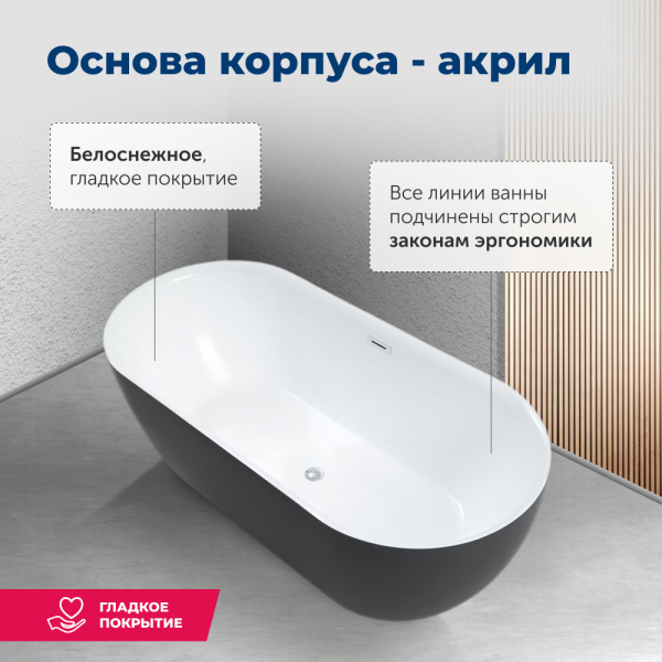 акриловая ванна aquanet delight 00289723 170x78 см, цвет белый/ черный матовый.