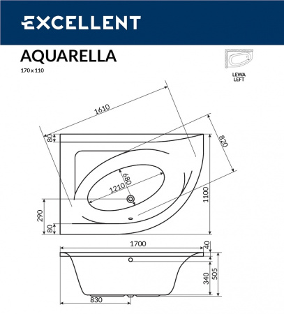 акриловая ванна excellent aquarella 170x110 (левая) "soft" цвет золото