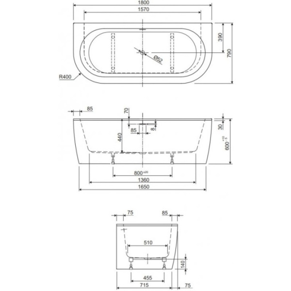 акриловая ванна 180x79 cezares slim slim wall-180-80-60-w37-set, цвет белый