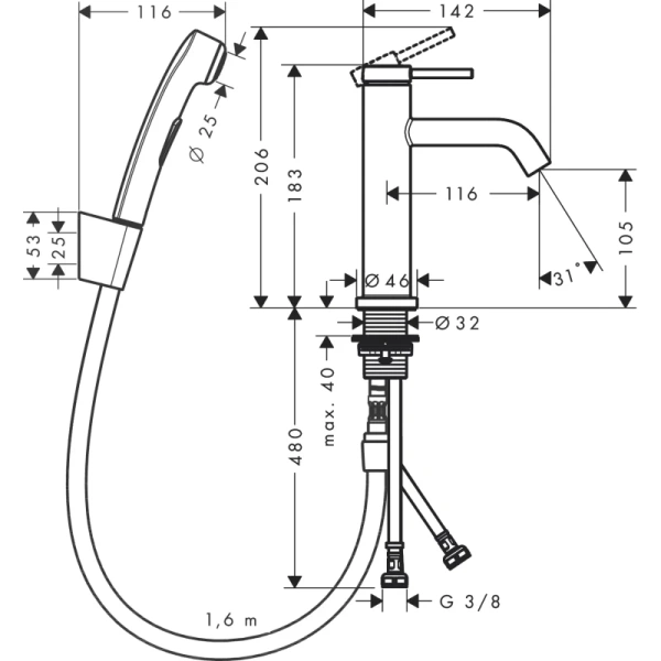 смеситель для раковины hansgrohe tecturis s 73211670 с гигиеническим душем, донным клапаном, черный матовый