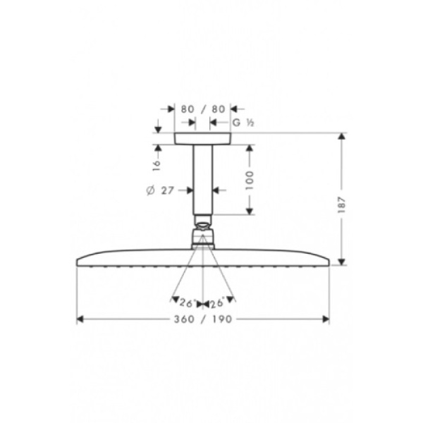 верхний душ hansgrohe raindance e 360 air 1jet, потолочное подсоединение 100 мм, ½’ 27381000