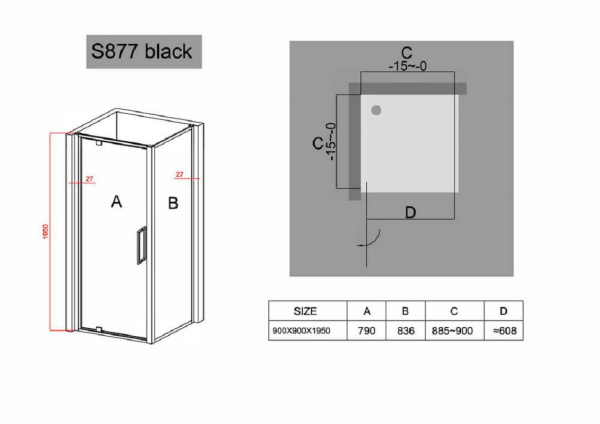 душевой уголок black&white stellar wind s877, 90 x 90 см, профиль черный матовый