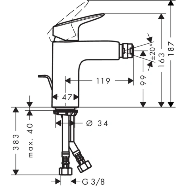 смеситель для биде 100, с донным клапаном hansgrohe logis 71200000