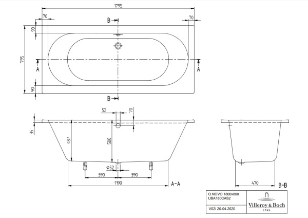 акриловая ванна villeroy & boch o.novo uba180cas2v-01 180х80 см