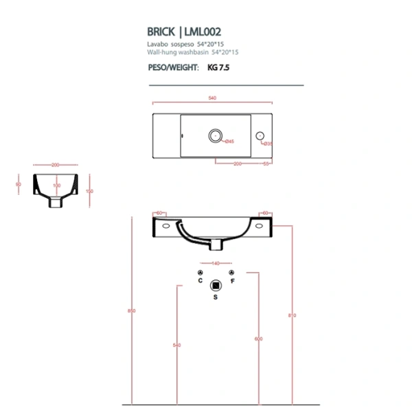 раковина подвесная artceram brick lml002 01;00 20х54 см, белая.