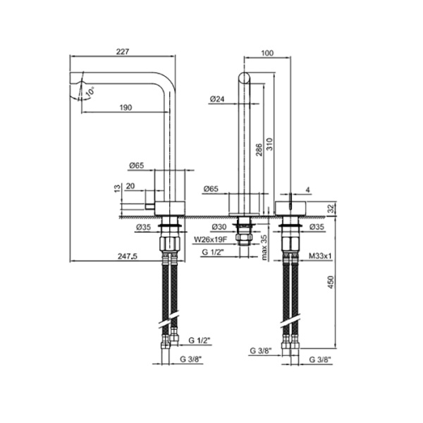 fantini fantini af/21 смеситель для раковины, 2 отв., высокий удлиненный излив: 19 см, цвет: хром