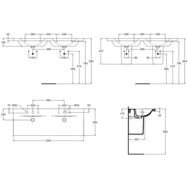 раковина полувстраиваемая двойная ideal standard connect new 130 (e813601)