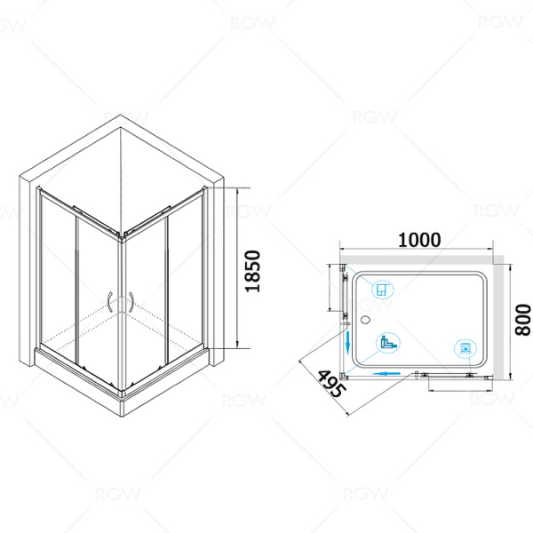 душевой уголок rgw passage pa-146 100х80 020814680-11 профиль хром стекло прозрачное