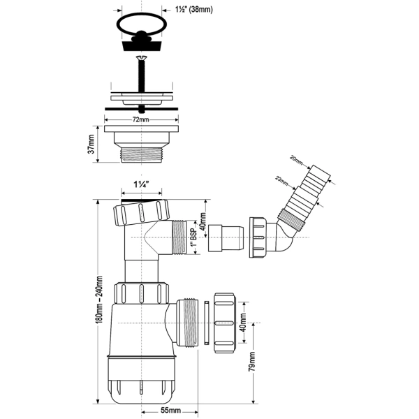 сифон для раковины mcalpine mrw240wm 1 1/4"-40, белый