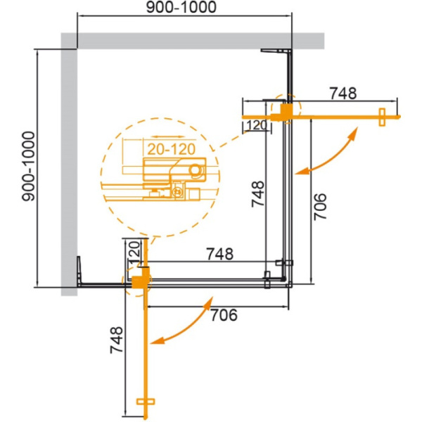 душевой уголок 90-100x90-100 cezares slider-a-2-90/100-grigio-nero серое