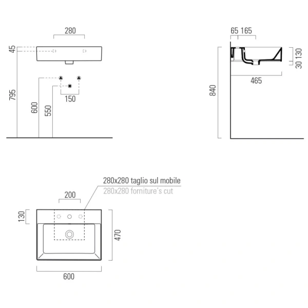 раковина gsi kube x 9431111 подвесная, 60x47 см, bianco lucido (белый глянец)