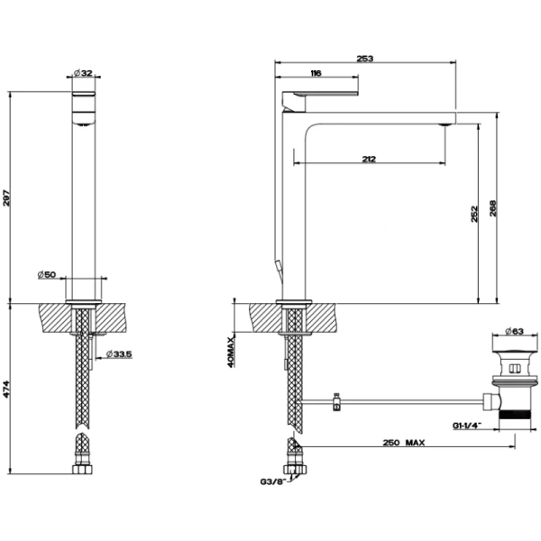 смеситель gessi via manzoni 38604#031 для раковины, высокий, с изливом 212 мм, с донным клапаном, цвет хром