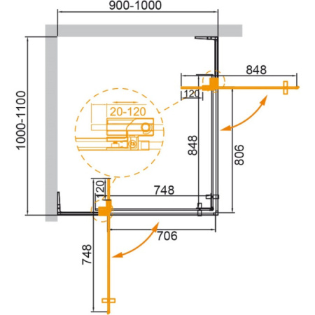 душевой уголок 100-110x90-100 cezares slider-ah-2-90/100-100/110-c-cr прозрачное