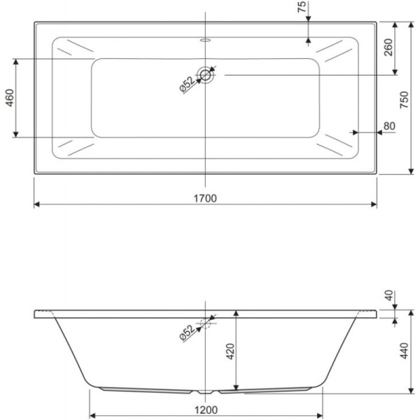 акриловая ванна 170x75 cezares plane mini plane mini-170-75-42-w37